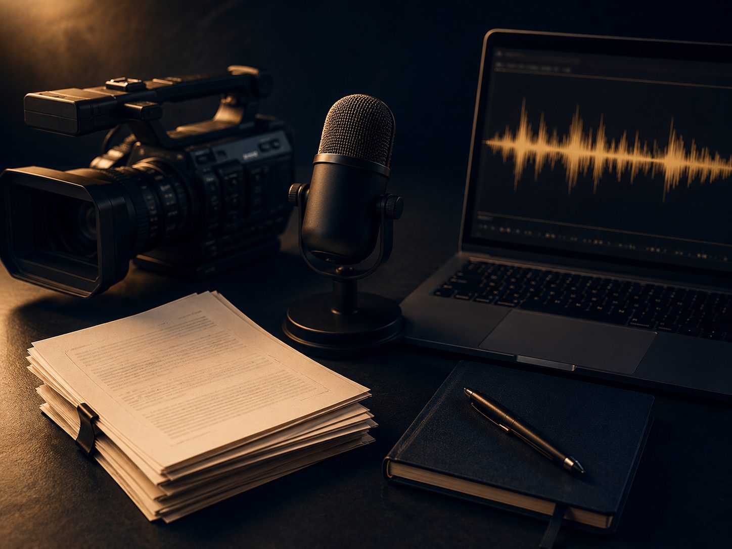 A video camera, podcast microphone, laptop showing an audio waveform, and transcript pages on a desk