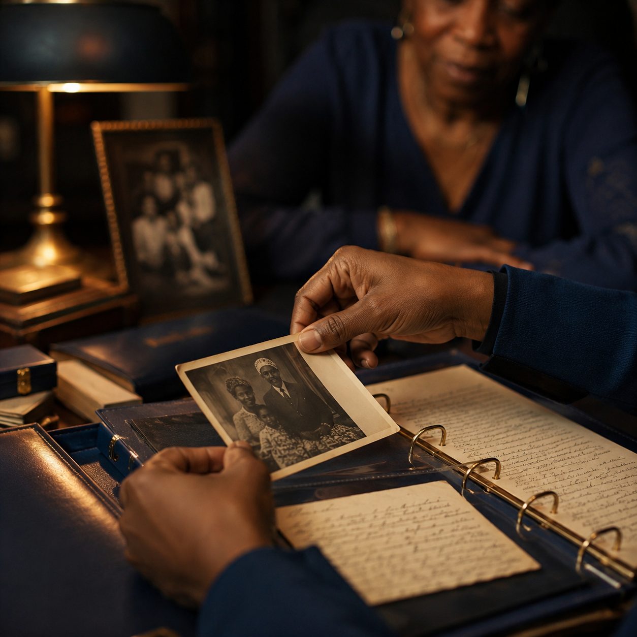Hands carefully placing an old family photograph into an archival binder alongside handwritten documents
